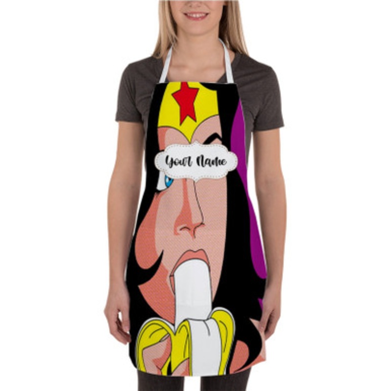 Pastele Wonder Woman and Banana Custom Personalized Name Kitchen Apron