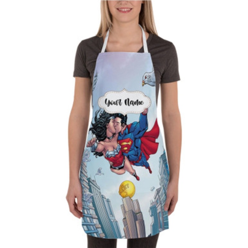 Pastele Superman and Wonder Woman Kiss Custom Personalized Name Kitchen Apron